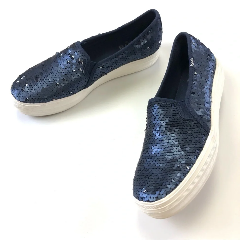Keds navy sequin platform slip on sneaker loafer Size 7 sparkle Party Prom - Picture 2 of 8
